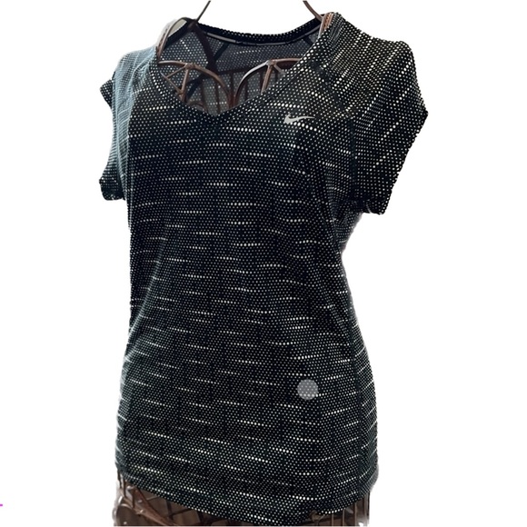 Nike Running Dri-Fit Black and White Dot Short Sleeve V Neck Medium - Picture 1 of 16